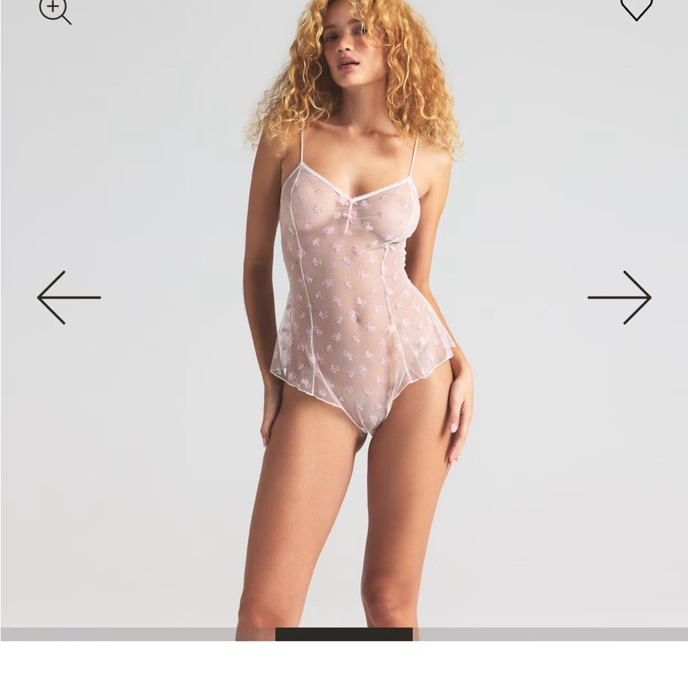 SKIMS Sheer Floral-Embroidered Pink Chemise Bodysuit